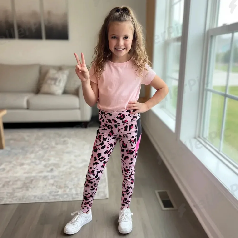 Justice Girls Leggings Activewear Pink Black Leopard Animal Print Size 10 Sporty